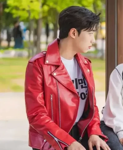 Cho Jun-young Spirit Fingers Red Leather Jacket