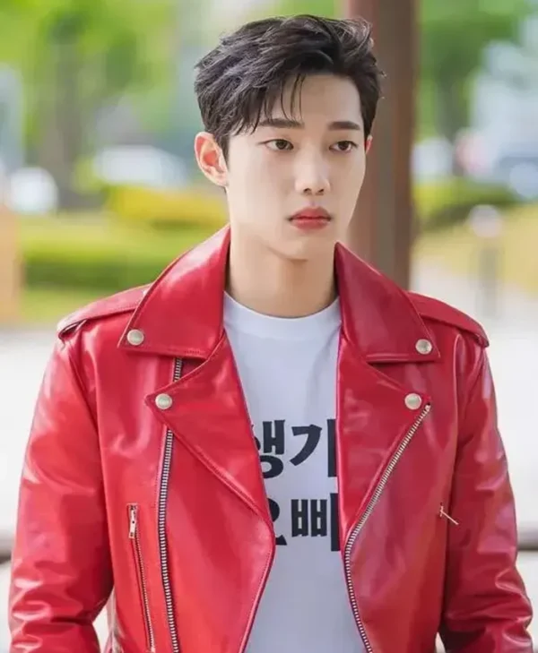 Cho Jun-young Spirit Fingers Red Leather Jacket
