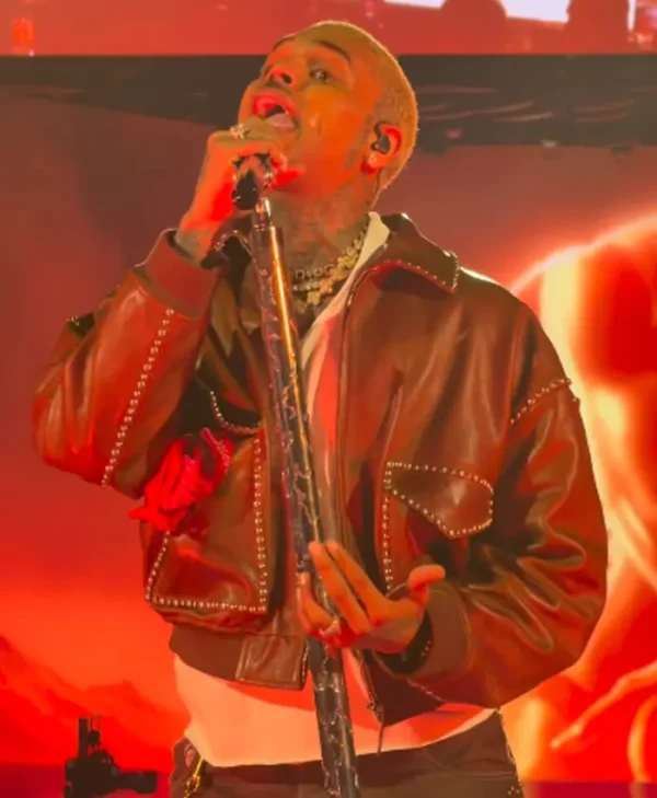 Chris Brown Studded Brown Leather Jacket