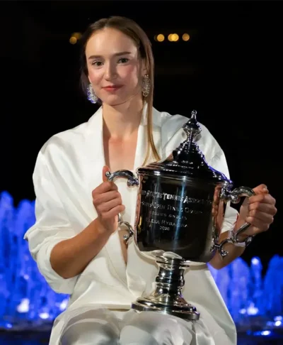 Elena Rybakina US Open Trophy 2026 White Suit