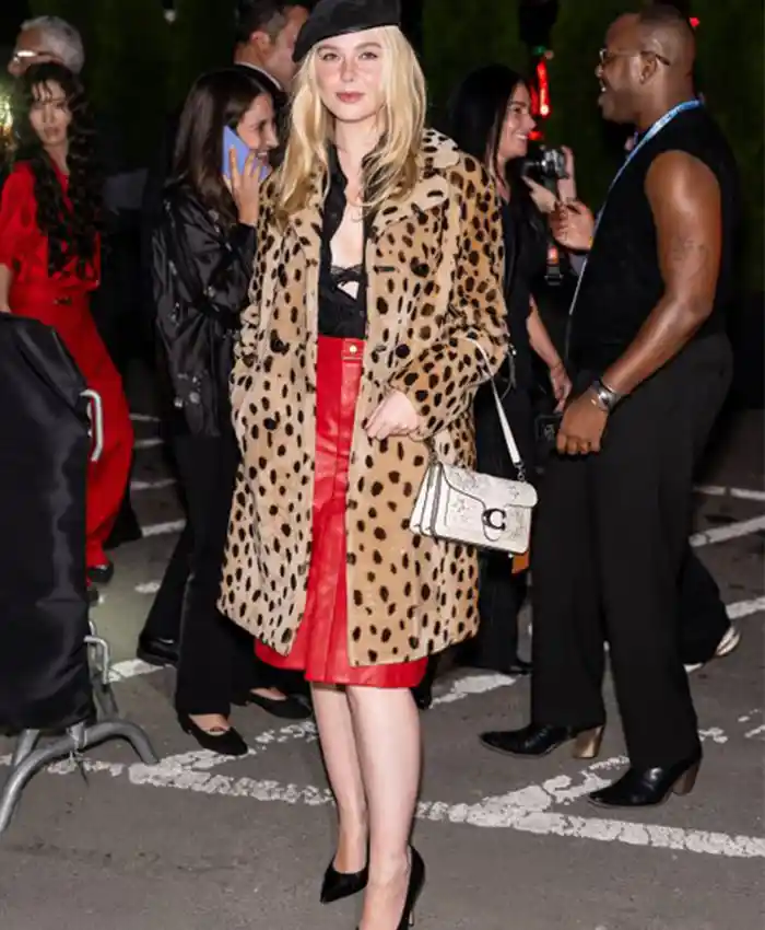 Elle Fanning Coach Presentation NY 2026 Leopard Print Coat