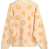Floral Beige Knit Cardigan Sweater