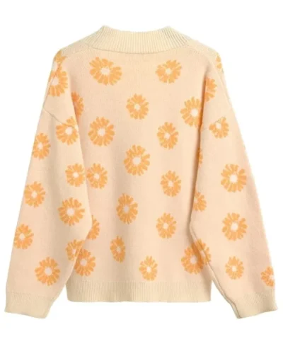Floral Beige Knit Cardigan Sweater