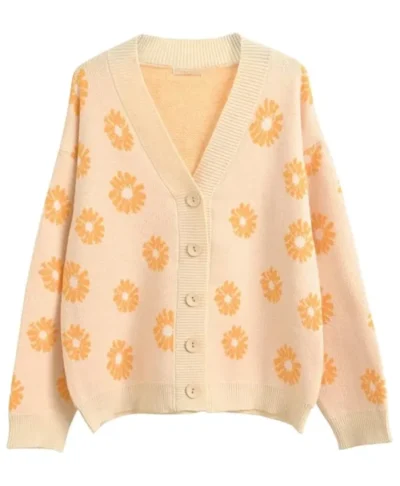 Floral Beige Knit Cardigan Sweater