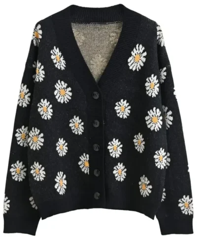 Floral Black Knit Cardigan Sweater