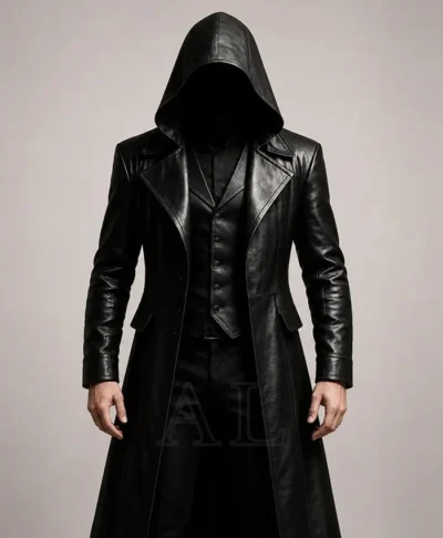 Halloween Gothic Vampire Black Leather Trench Coat With Hood