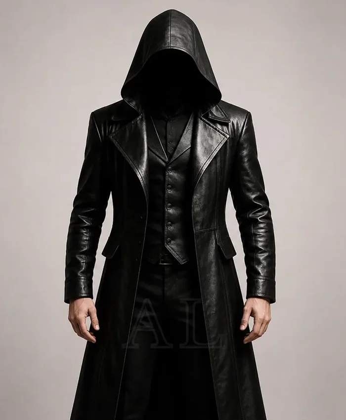 Halloween Gothic Vampire Black Leather Trench Coat With Hood