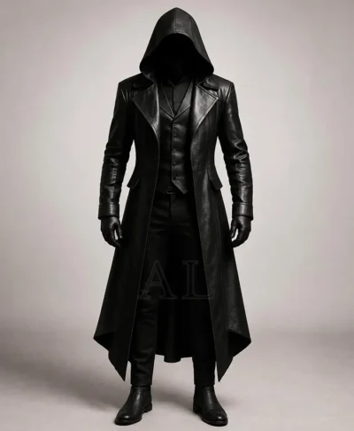 Halloween Gothic Vampire Black Leather Trench Coat With Hood