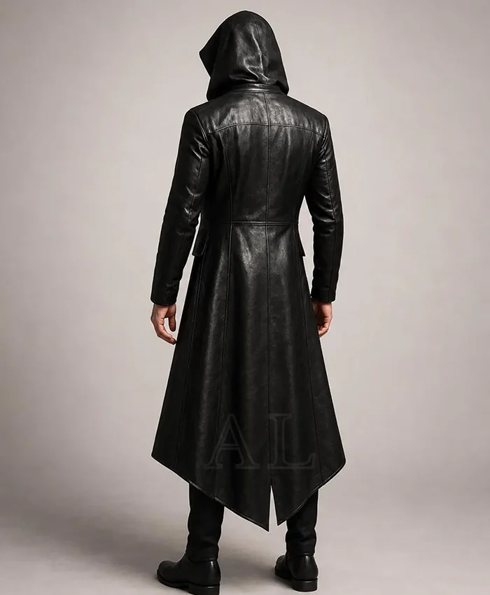 Halloween Gothic Vampire Black Leather Trench Coat With Hood