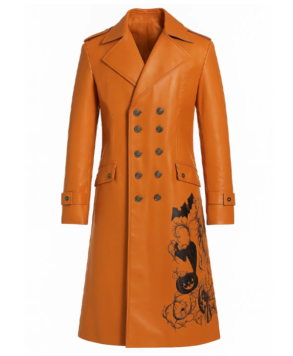 Halloween Men’s Pumpkin Leather Long Trench Coat