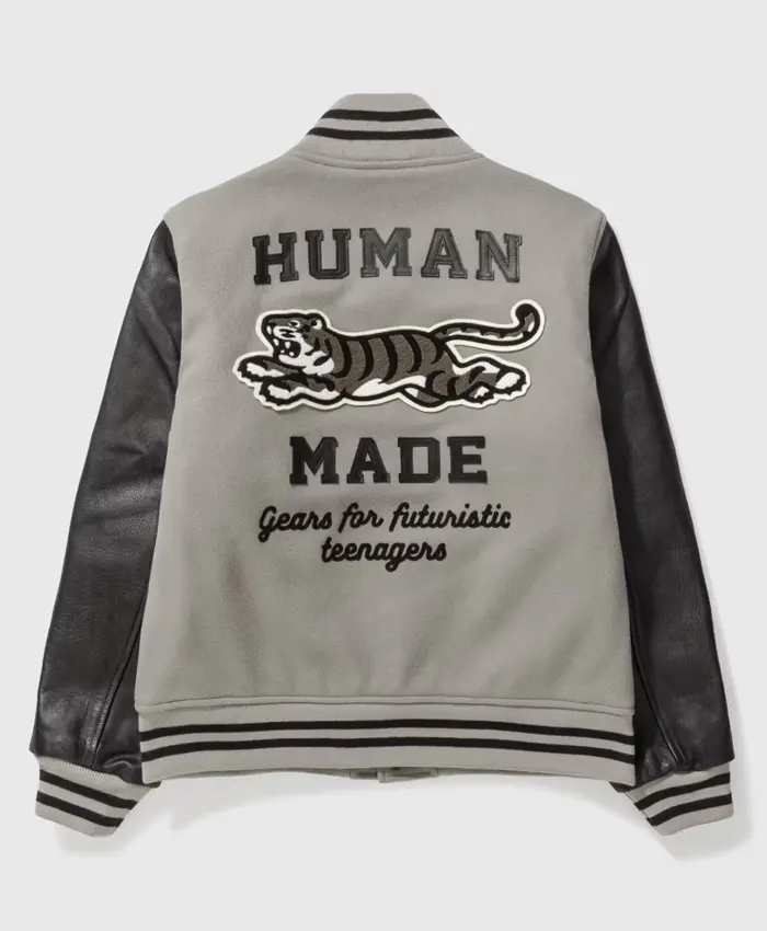 Human Made Grey Wool Leather Varsity Jacket