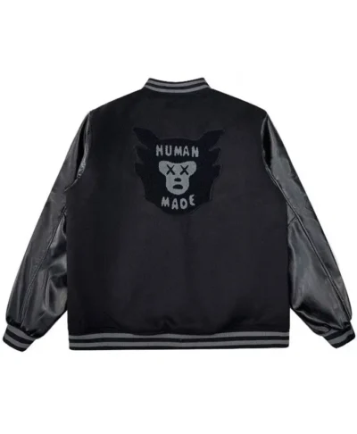 Human Made Kaws Black Leather Sleeve Varsity Jacket