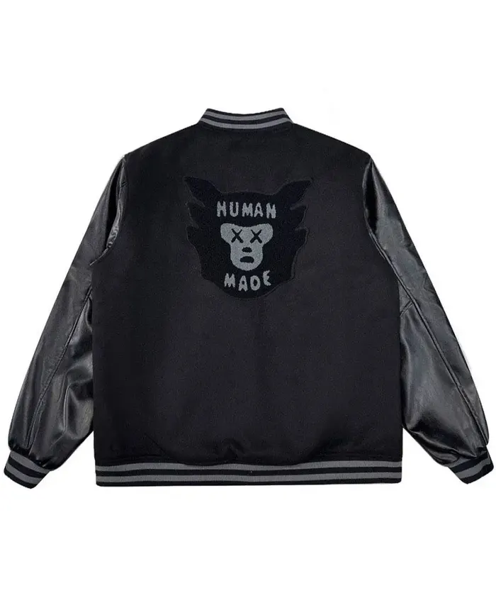 Human Made Kaws Black Leather Sleeve Varsity Jacket