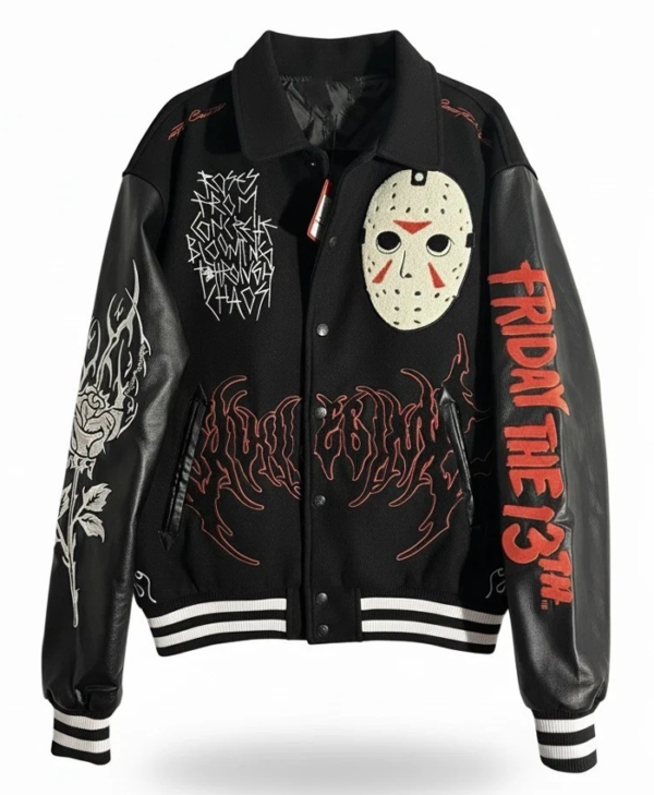 Jason Voorhees Embroidered Mask Patch Black Wool Jacket