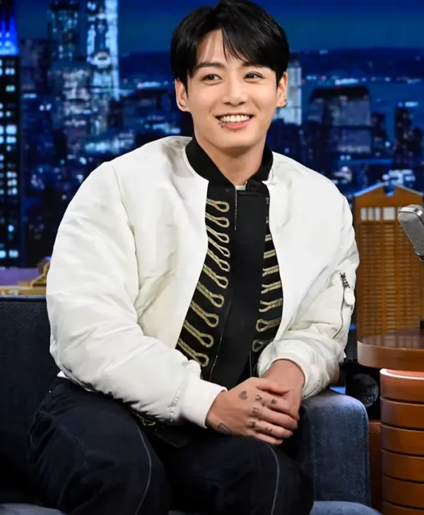 Jungkook The Tonight Show White Bomber Jacket