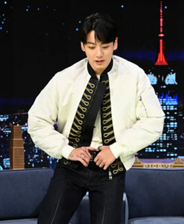 Jungkook The Tonight Show White Bomber Jacket