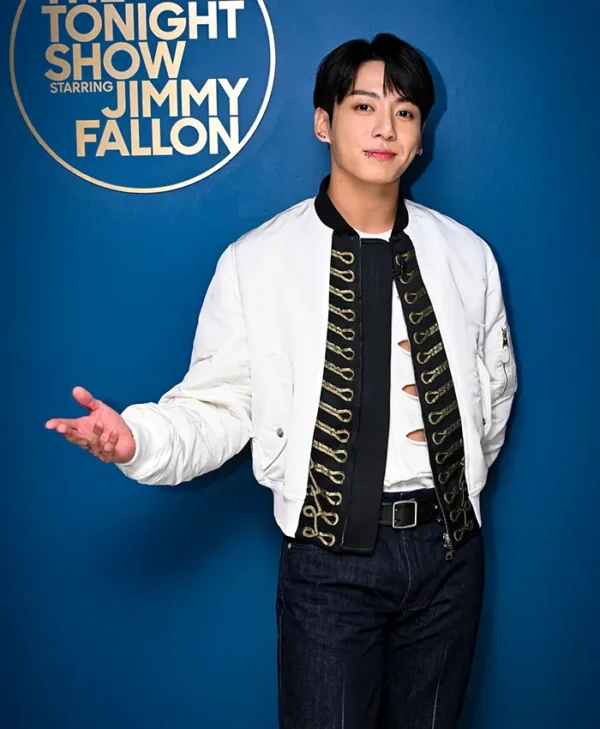 Jungkook The Tonight Show White Bomber Jacket