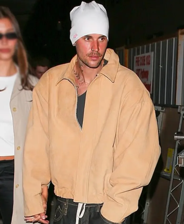 Justin Bieber Camel Suede Bomber Jacket