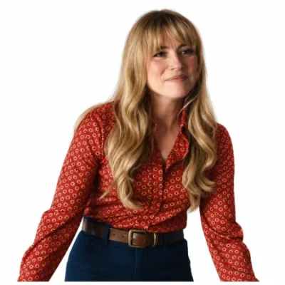 Linda Cardellini Crystal Lake 2026 Red Floral Shirt