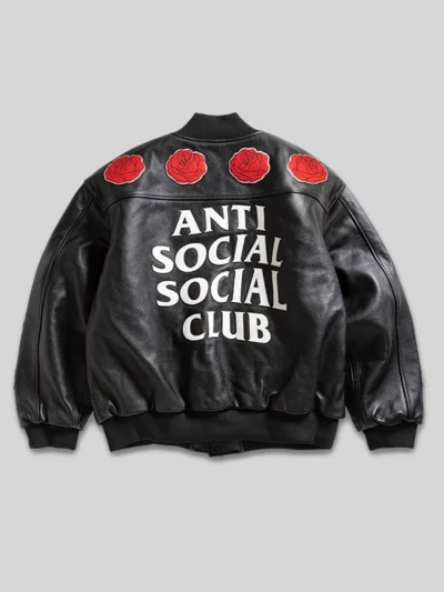 Men ASSC Black Leather Rose Varsity Jacket