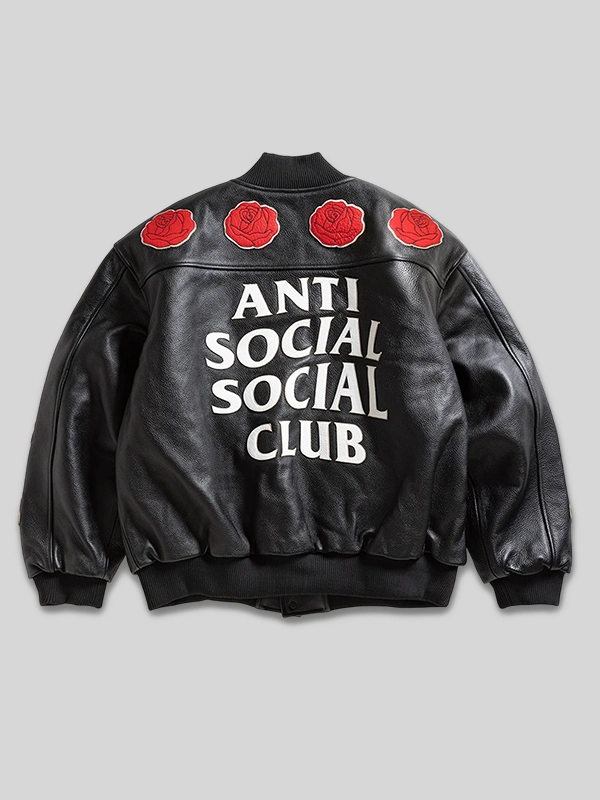 Men ASSC Black Leather Rose Varsity Jacket