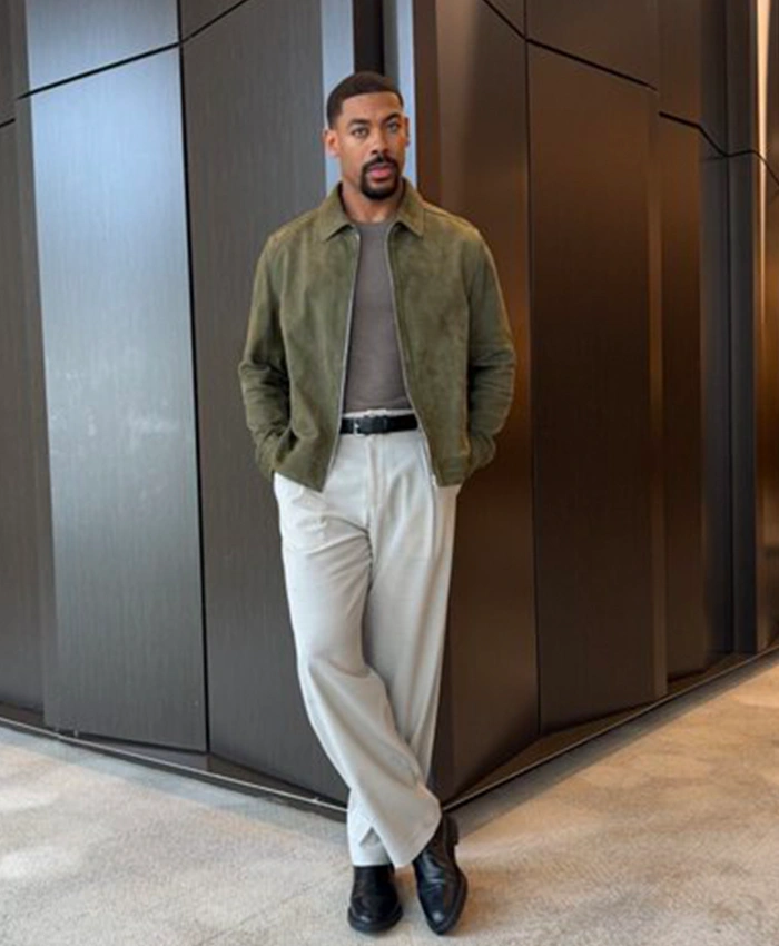 Men Aaron Pierre Green Suede Zip Up Jacket