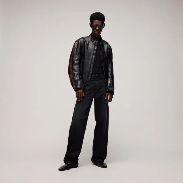 Men Black Leather Biker Jacket Web Stripe