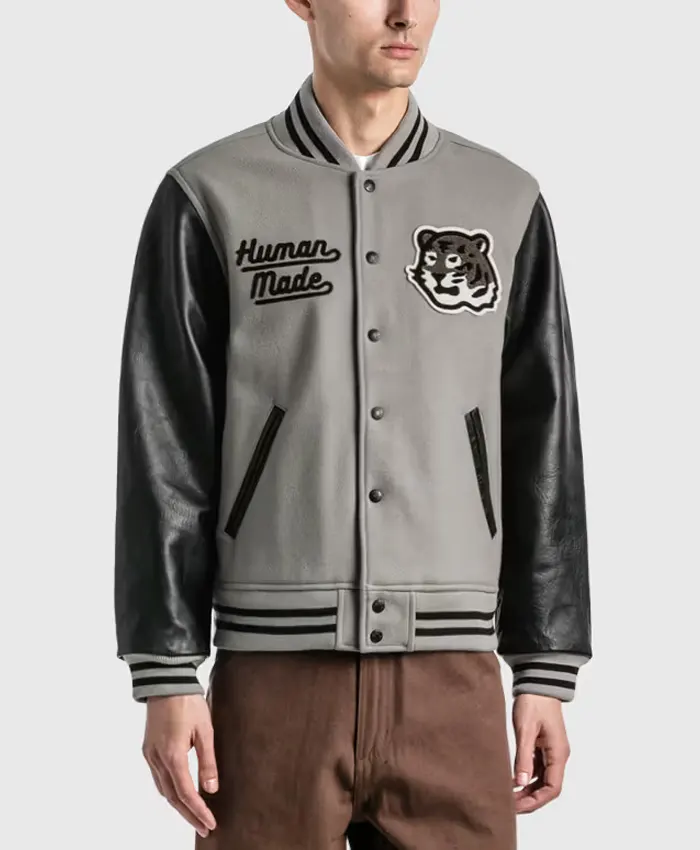 Men Human Made Grey Snap Button Letterman Coat