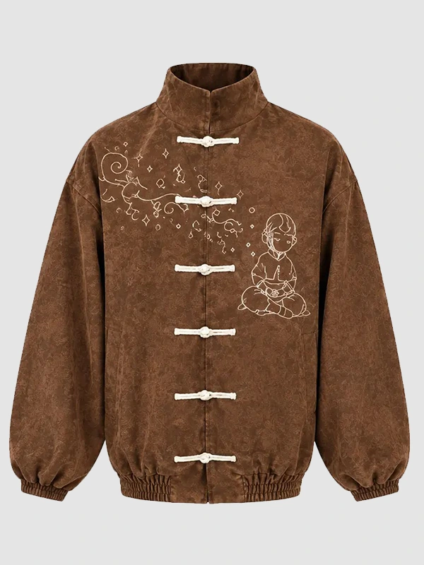 Men Mandarin Collar Frog Button Satin Jacket Four Pockets