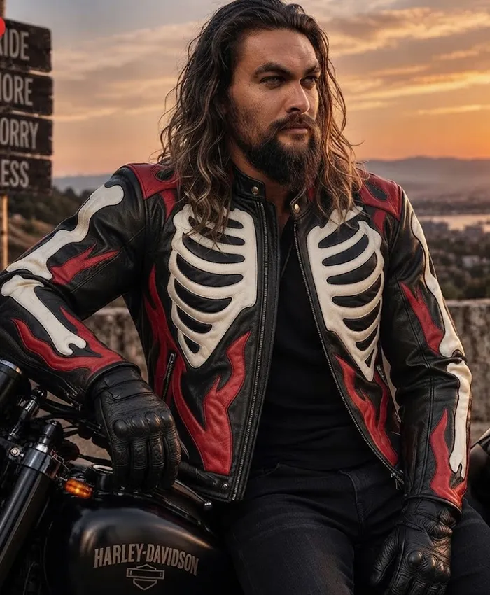Men Real Leather Skeleton Flame Motorcycle Jacket