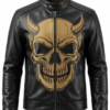 Men’s Halloween Gold Devil Skull Logo Leather Jacket