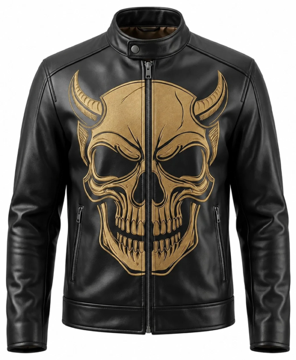 Men’s Halloween Gold Devil Skull Logo Leather Jacket