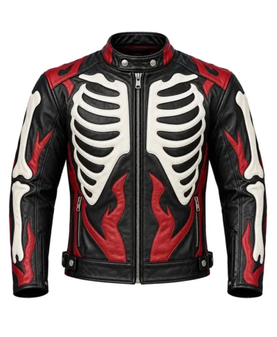 Men’s Skeleton Skull & Flames Leather Biker Jacket