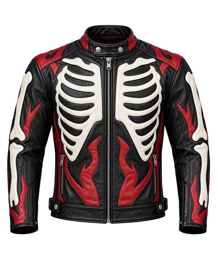 Men’s Skeleton Skull & Flames Leather Biker Jacket