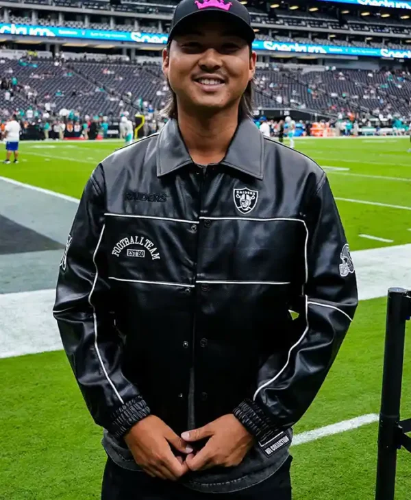 Minwoo Lee Las Vegas Raiders Black Leather Racing Jacket