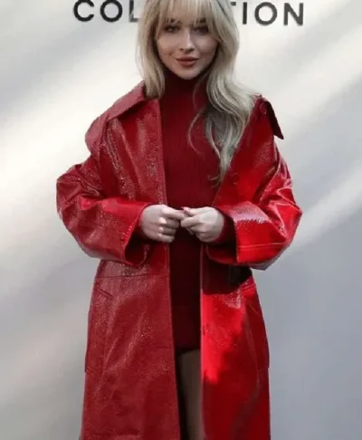 NYFW Sabrina Carpenter Red Leather Coat
