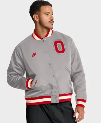 Nike Legacy Ohio State Buckeyes Full Snap Gray Bomber Jacket