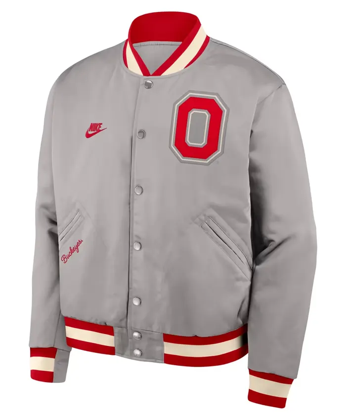 Nike Legacy Ohio State Buckeyes Full Snap Gray Bomber Jacket