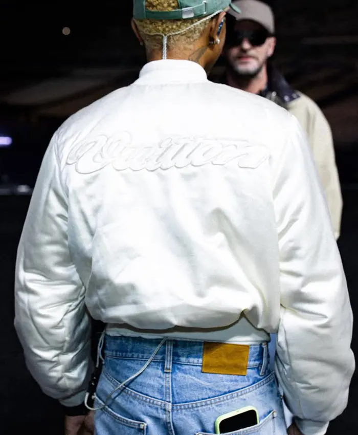 Pharrell Williams Paris Rehearsals LV White Varsity Jacket