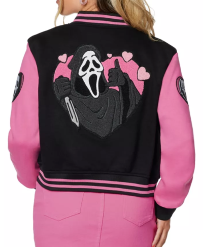 Pink Ghost Face Leather Sleeve Varsity Jacket