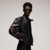 Red Green Web Stripe Leather Motorcycle Jacket