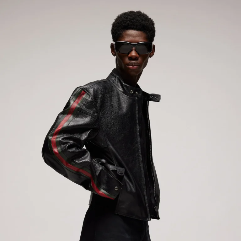 Red Green Web Stripe Leather Motorcycle Jacket