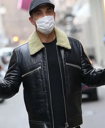 Robbie Williams Black Real Leather Shearling Coat