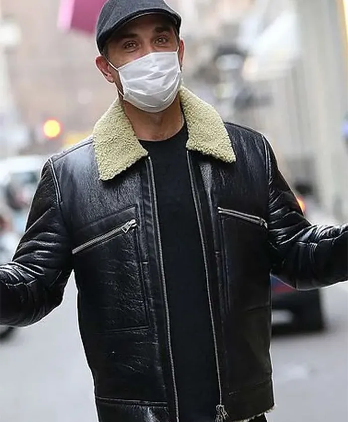 Robbie Williams Black Real Leather Shearling Coat