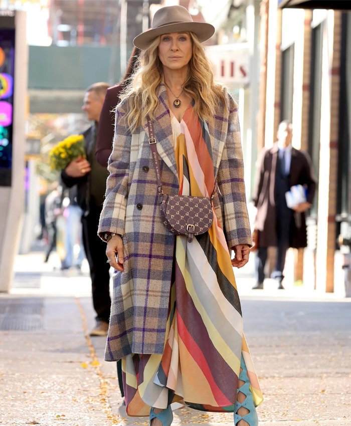 Sarah Jessica Parker And Just Like That Plaid Long Coat