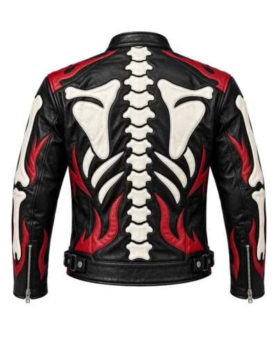 Skeleton Skull Flames Leather Zip Biker Jacket