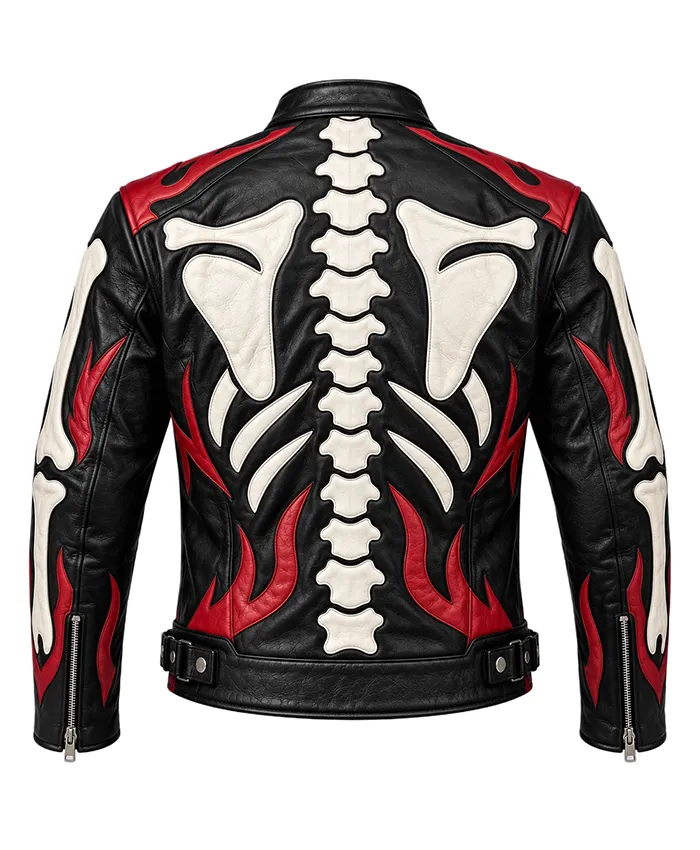 Skeleton Skull Flames Leather Zip Biker Jacket