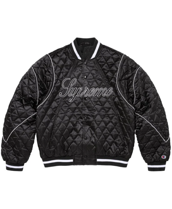 Supreme x Champion Quilted Black Satin Varsity Jacket