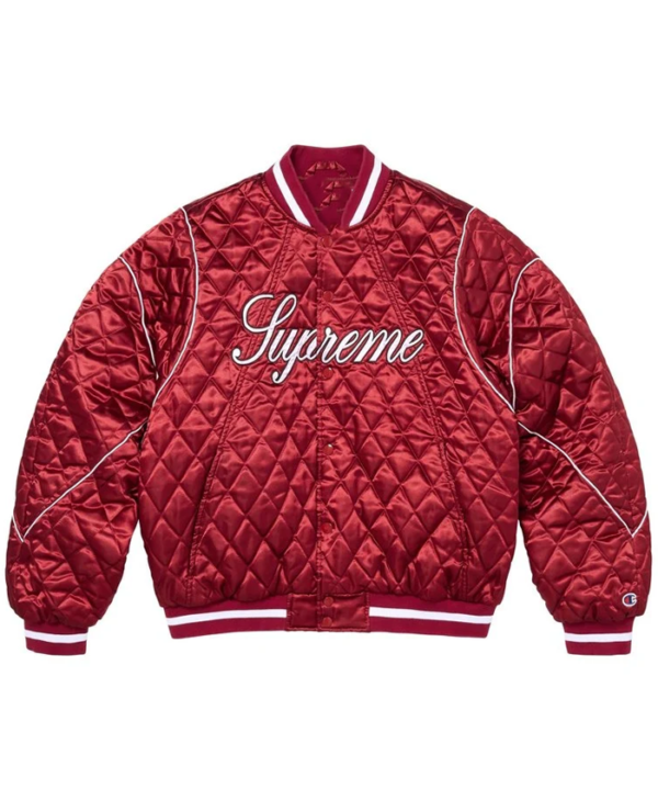 Supreme x Champion Quilted Black Satin Varsity Jacket