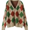 V-Neck Argyle Knit Cardigan Sweater